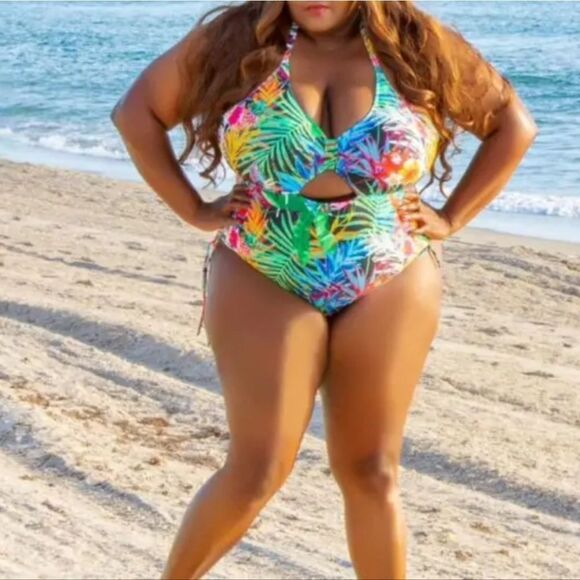 Plus Size Tropical Print Drawstring Cut Out One Piece Swimsuit sz 1X - Picture 3 of 7
